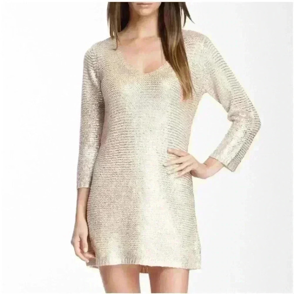 BCBGMaxAzria Dresses & Skirts - BCBG Max Azria Muiccia Foil Light Brown Gold Cable Knit V-Neck Sweater Dress M